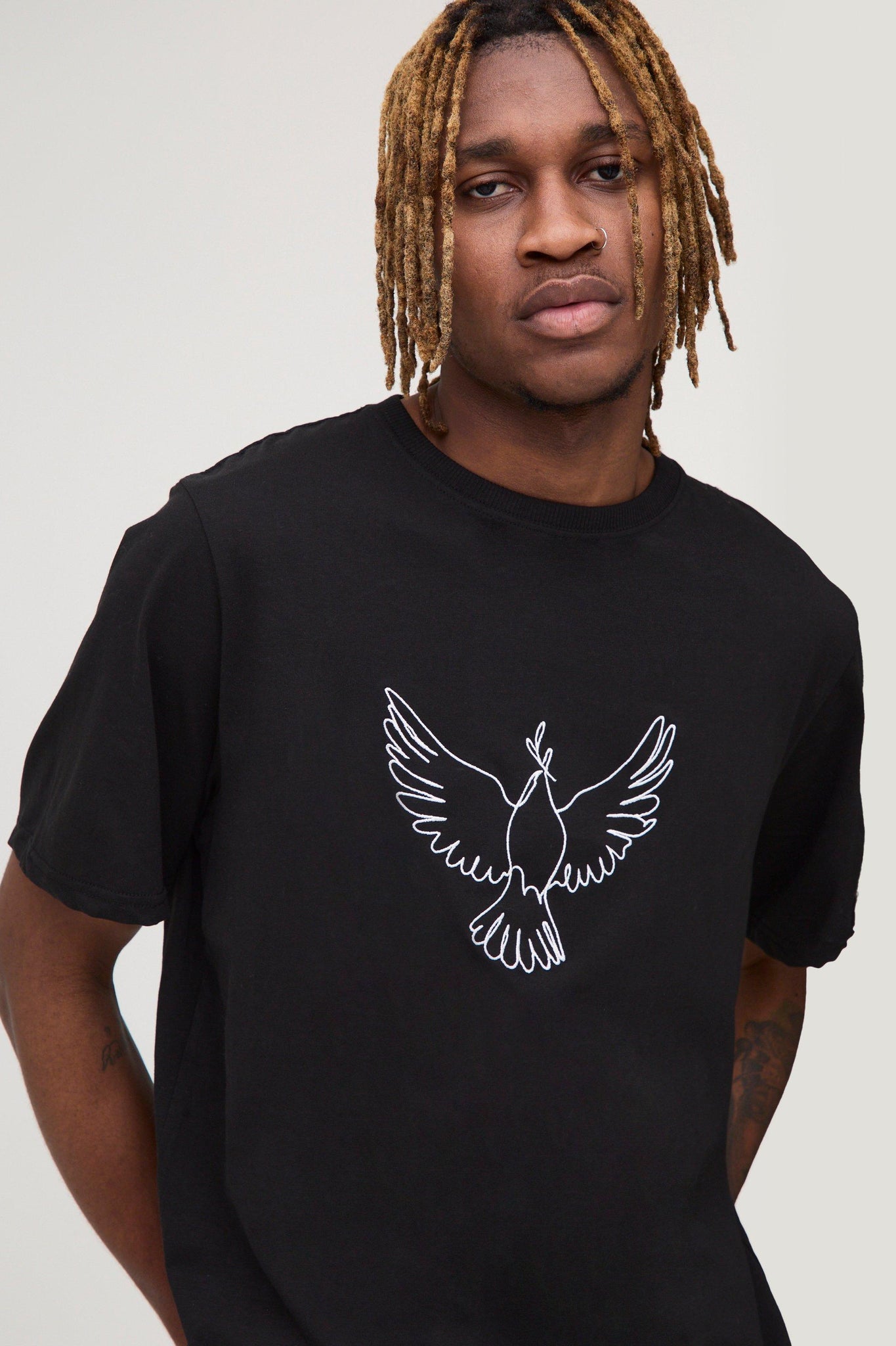 Boohoo Black Tall Embroidered Dove Mens T-Shirt