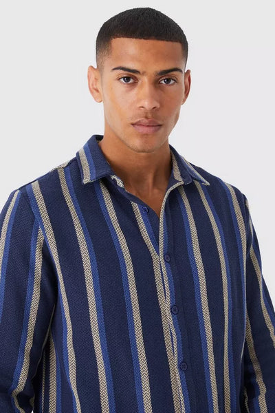 BOOHOO MAN HEAVYWEIGHT JACQUARD WOVEN STRIPE MENS OVERSHIRT