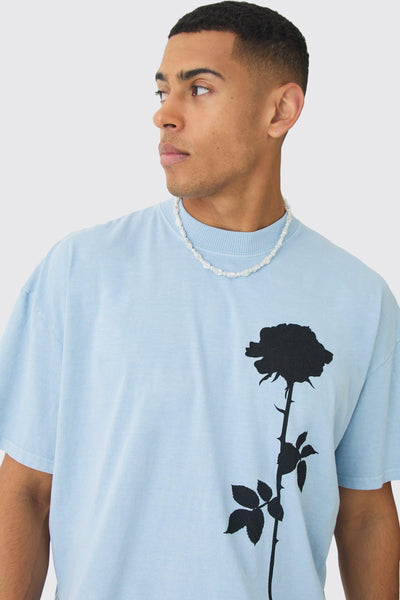 Boohoo Blue Oversized Boxy Floral Drawing Wash Mens T-Shirt