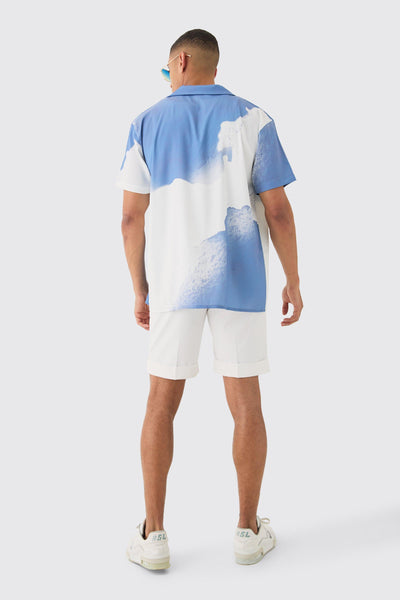 Boohoo Blue Oversized Revere Cloud Short Sleeve Mens Shirt