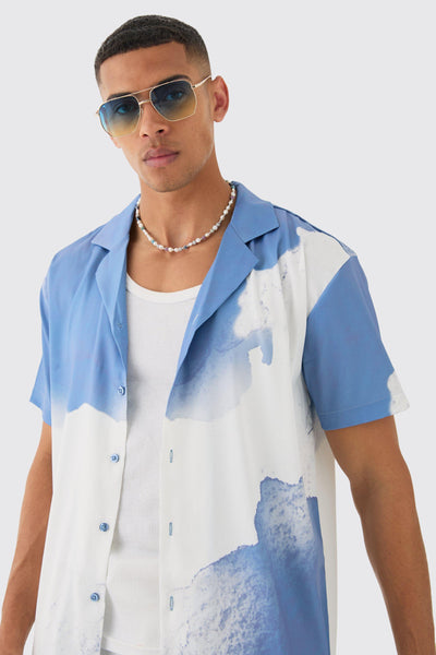 Boohoo Blue Oversized Revere Cloud Short Sleeve Mens Shirt