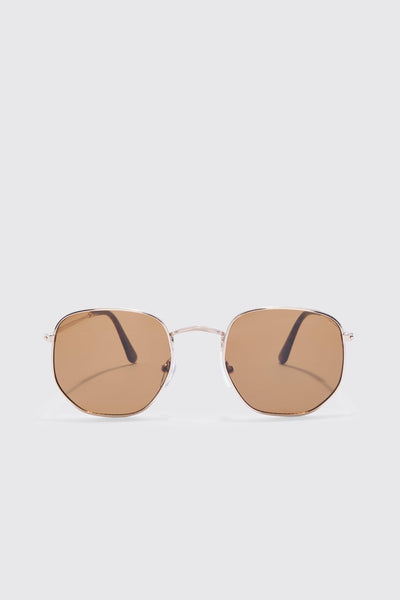 Boohoo Brown Hexagonal Metal Mens Sunglasses