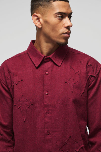 Boohoo Burgundy Oversized Cross Applique Brushed Long Sleeve Mens Shirt