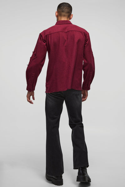 Boohoo Burgundy Oversized Cross Applique Brushed Long Sleeve Mens Shirt