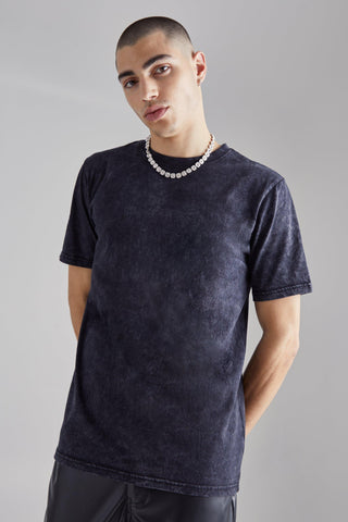 Boohoo Black Slim Fit Acid Wash Crew Neck Mens T-Shirt