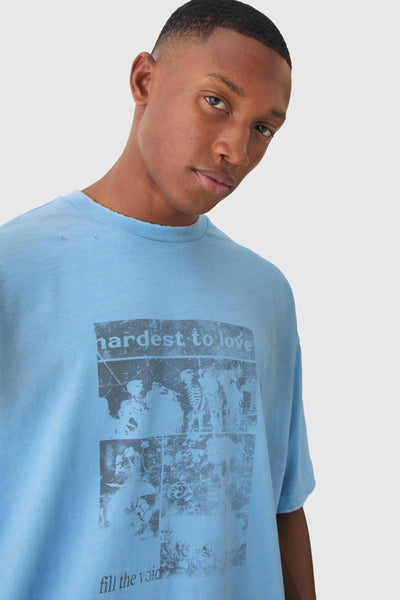 Boohoo Premium Oversized Dusty Blue Washed & Printed Mens T-Shirt BMM89192-679-30