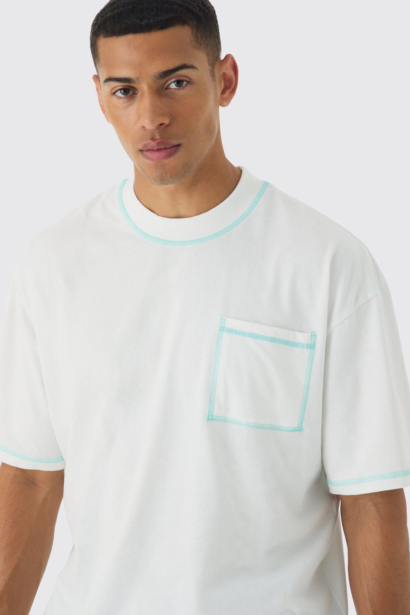 Boohoo White Oversized Boxy Extended Neck Contrast Stitch Mens T-Shirt