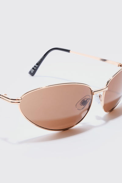 Boohoo Man ANGLED METAL SUNGLASSES WITH BROWN LENS IN GOLD