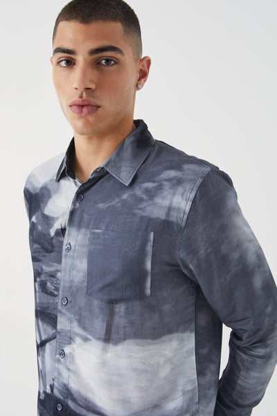 Boohoo Grey Long Sleeve Viscose Abstract Floral Mens Shirt