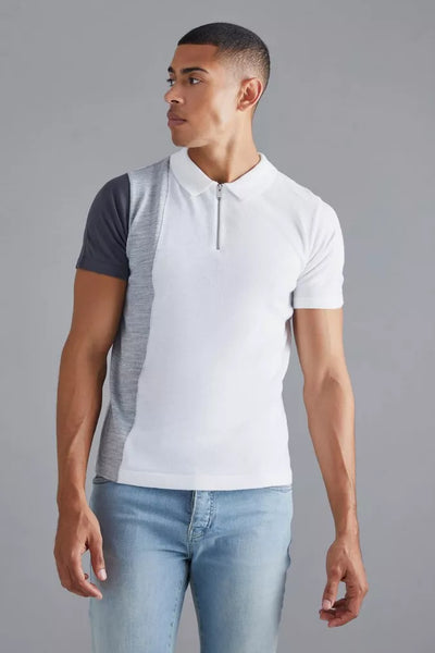 Boohoo Man  SHORT SLEEVE HALF ZIP COLOUR BLOCK KNIT POLO