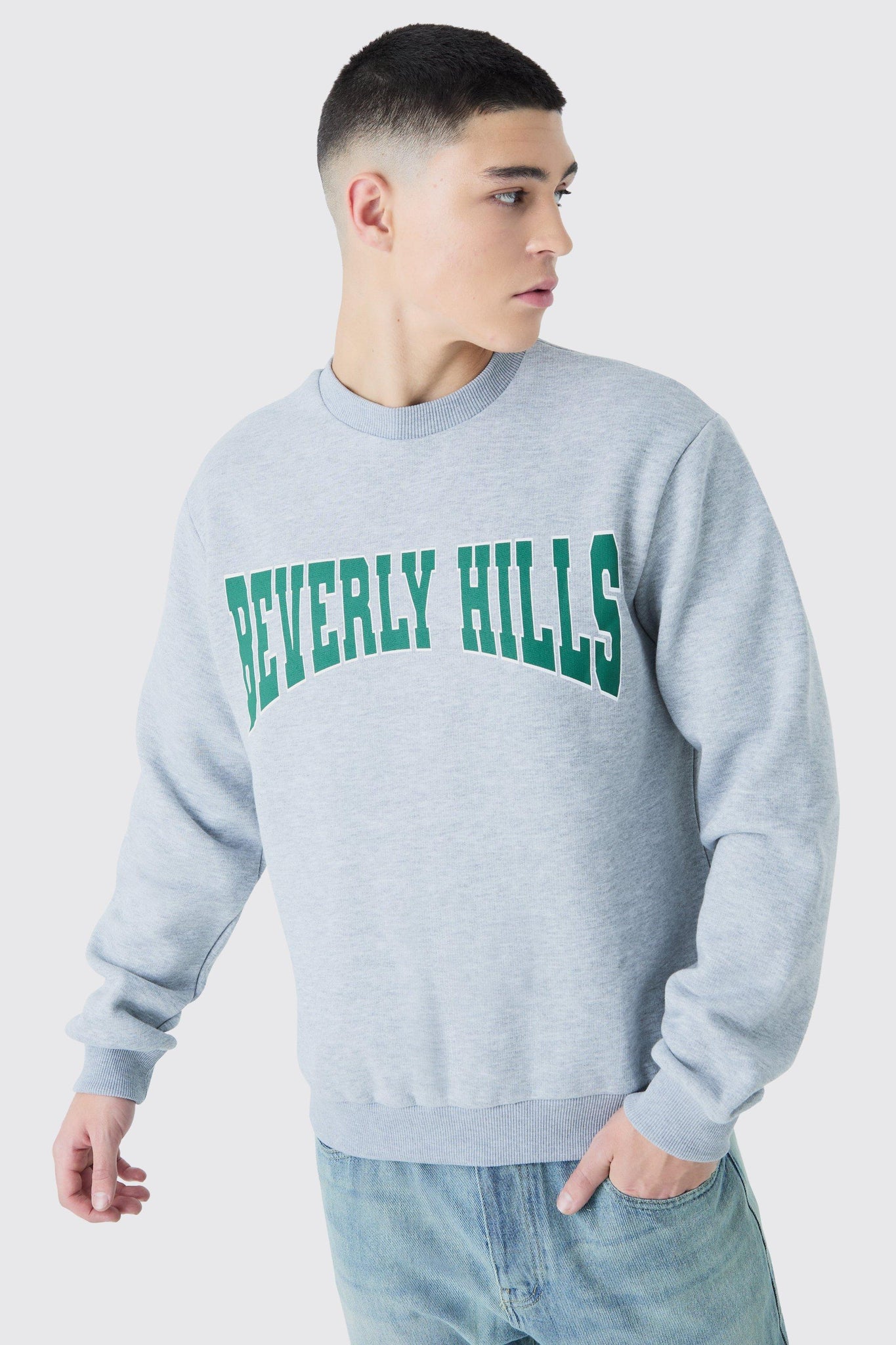 Boohoo Grey Marl Beverley Hills Varsity Mens Sweatshirt