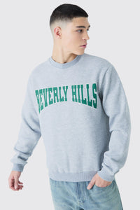 Boohoo Grey Marl Beverley Hills Varsity Mens Sweatshirt