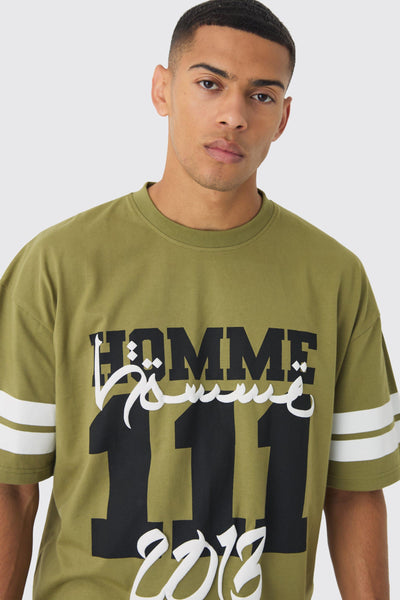 Boohoo Khaki Green Oversized Boxy Moto Puff Printed Stripe Sleeve Mens T-Shirt