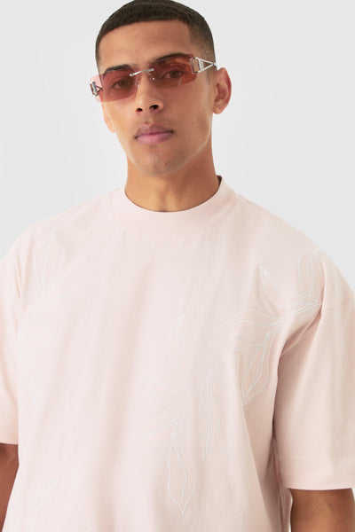 Boohoo Light Pink Oversized Boxy Extended Neck Floral Line Embroidered Mens T-Shirt