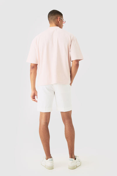 Boohoo Light Pink Oversized Boxy Extended Neck Floral Line Embroidered Mens T-Shirt