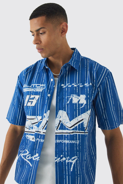 Boohoo Blue Oversized Stripe Front Graphic Boxy Mens Shirt