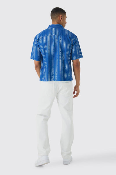 Boohoo Blue Oversized Stripe Front Graphic Boxy Mens Shirt