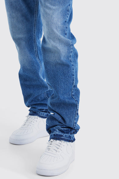 Boohoo Mid Blue Straight Rigid Let Down Hem Mens Jeans