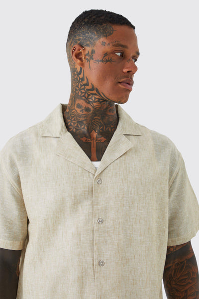 Boohoo Oatmeal Oversized Linen Look Revere Mens Shirt