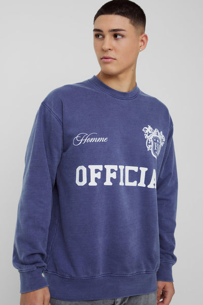 Boohoo Homme Official Navy Retro Varsity Graphic Washed Mens Sweatshirt