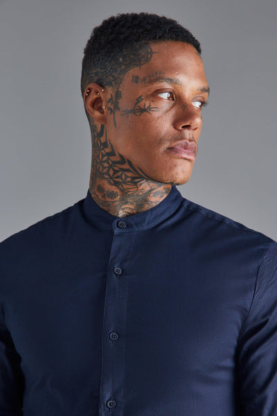 Boohoo Navy Blue Long Sleeve Grandad Collar Stretch Mens Shirt