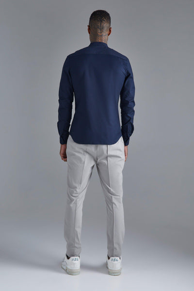 Boohoo Navy Blue Long Sleeve Grandad Collar Stretch Mens Shirt