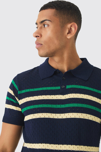 Boohoo Navy Multi Stripe Open Stitch Older Boyss Polo Shirt
