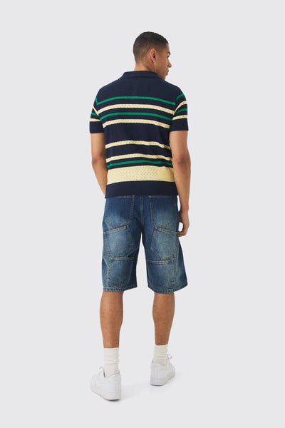 Boohoo Navy Multi Stripe Open Stitch Older Boyss Polo Shirt