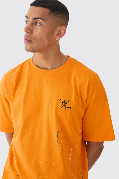 Boohoo Orange Oversized Boxy Paint Splatter Mens T-Shirt