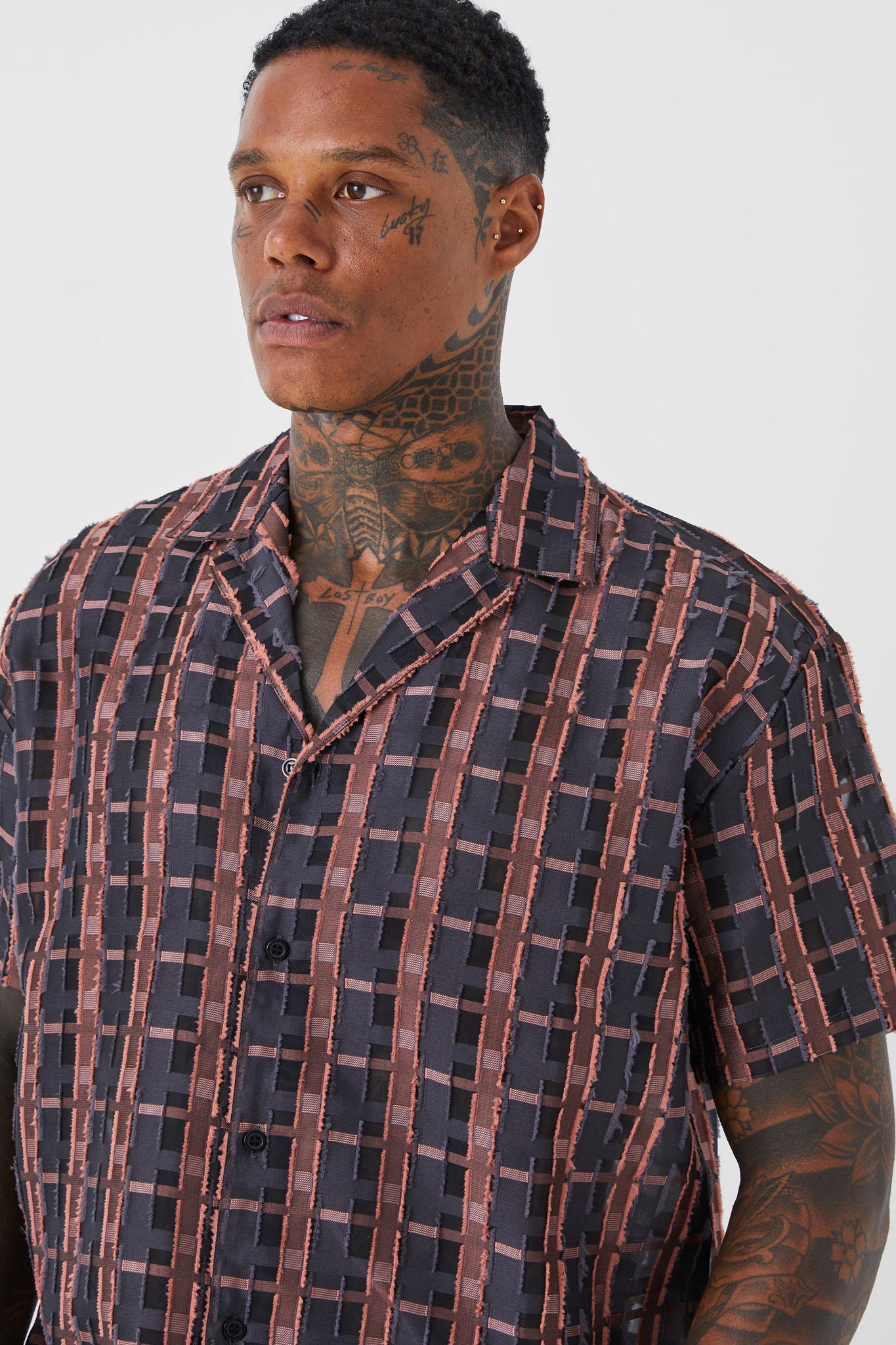 Boohoo Black/Orange Short Sleeve Oversized Sheer Velour Check Mens Shirt