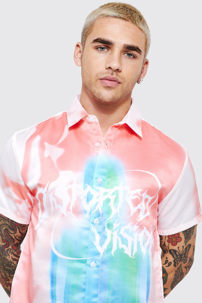 Boohoo Peach Short Sleeve Satin Distorted Mens Shirt