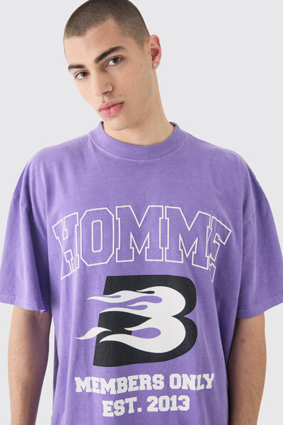 Boohoo Purple Oversized Washed Homme Moto Print Mens T-Shirt