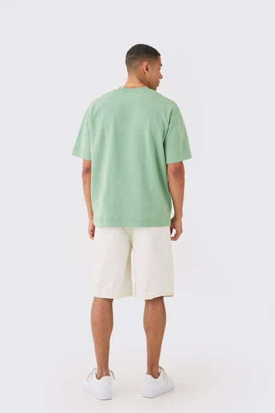 Boohoo Man Green Oversized Extended Neck Heavy Interlock Mens T-Shirt