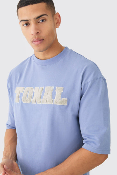 Boohoo Slate Blue Boxy Half Sleeve Borg Applique Mens T-Shirt
