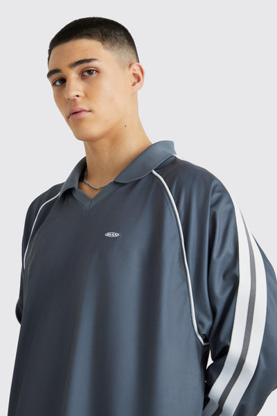 Boohoo Slate Blue Mesh Raglan Collard Football Mens Polo Shirt