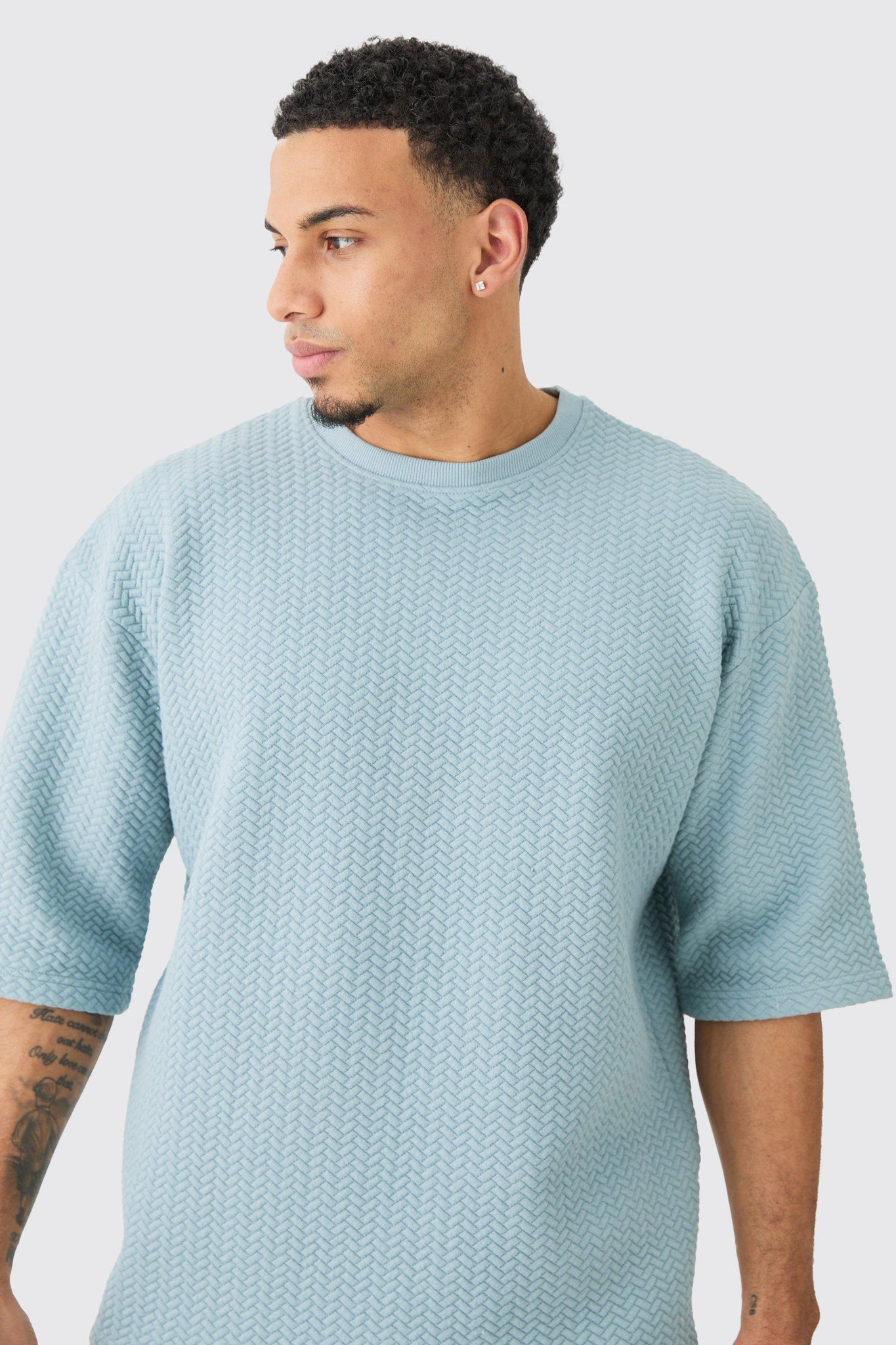 Boohoo Slate Blue Oversized Herringbone Man Mens T-Shirt