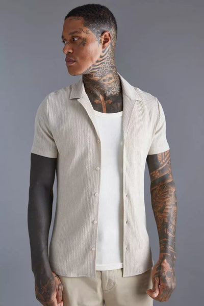 BOOHOOMAN CRINKLE MUSCLE DROPPED REVERE MENS SHIRT