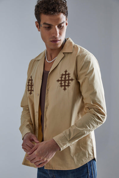 Boohoo Stone Brown Poplin Revere Double Embroidered Mens Shirt