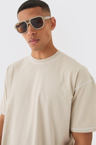 Boohoo Stone Oversized Contrast Stitch Extended Neck Mens T-Shirt
