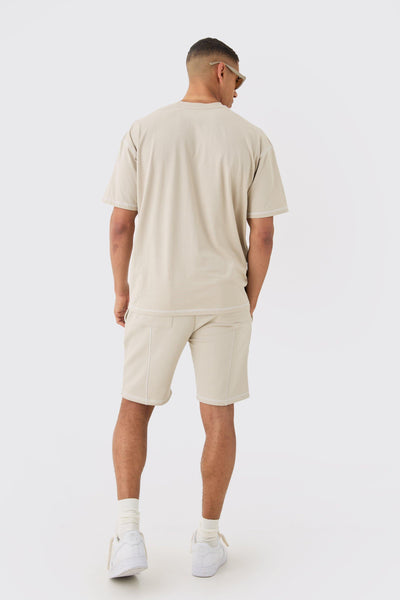 Boohoo Stone Oversized Contrast Stitch Extended Neck Mens T-Shirt