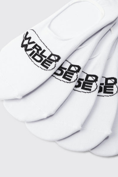 Boohoo White 5 Pack Worldwide Logo Invisible Mens Socks