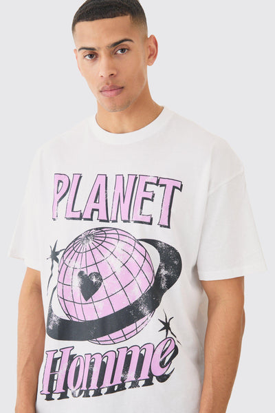 Boohoo White Oversized Planet Homme Print Mens T-Shirt