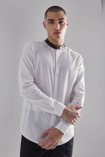Boohoo Black Pu Grandad Collar White Poplin Mens Shirt
