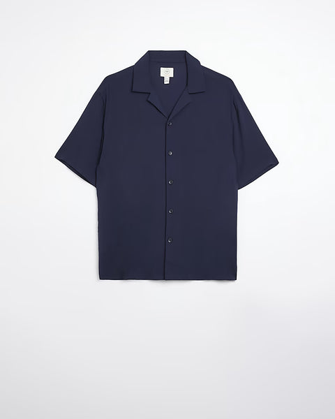 River Island Navy Regular Fit Viscose Revere Mens Shirt