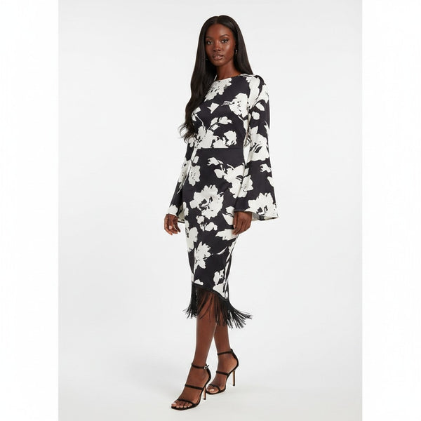 Boohoo Black Floral Print Tassel Hem Wrap Womens Midi Dress