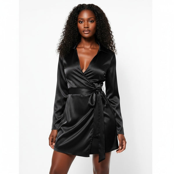 Boohoo Black Satin Wrap Detail Womens Dress