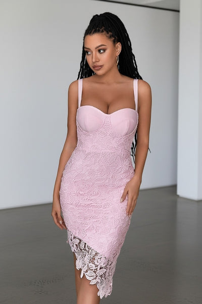 Soky & Soka Pink Spaghetti Strap Lace Womens Bandage Dress