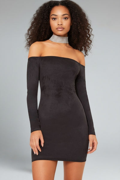 Pretty Little Thing Womens Violla Black Suede Bardot Long Sleeve Bodycon Dress