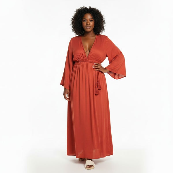 Boohoo Plus Rust Cheesecloth Batwing Maxi Womens Dress