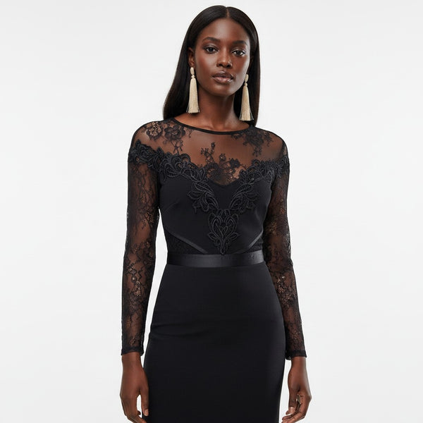 Lipsy London Black Lace Sleeves and Velvet Trim Bodycon Womens Dress